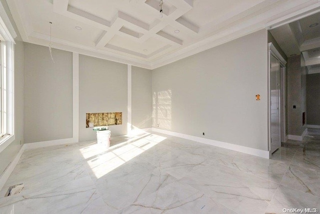 unfurnished room featuring ornamental molding, coffered ceiling, and beam ceiling