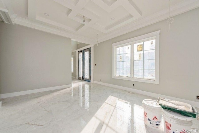 spare room with beam ceiling, crown molding, and coffered ceiling