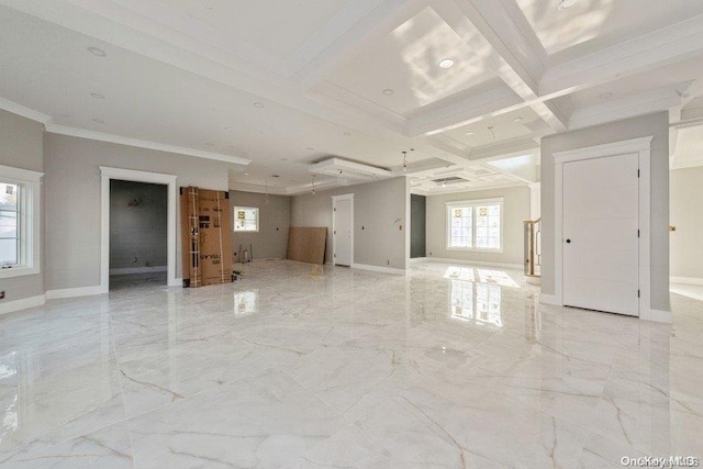 unfurnished room featuring beamed ceiling, crown molding, and coffered ceiling