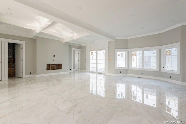 unfurnished living room with beam ceiling, crown molding, and coffered ceiling