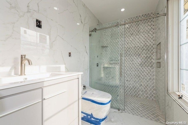 bathroom with vanity and walk in shower