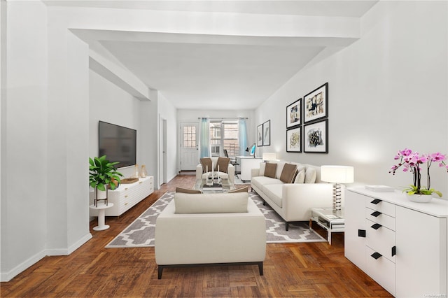 living room with dark hardwood / wood-style floors