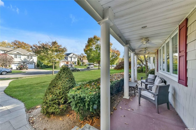 view of patio / terrace with covered porch and ceiling fan