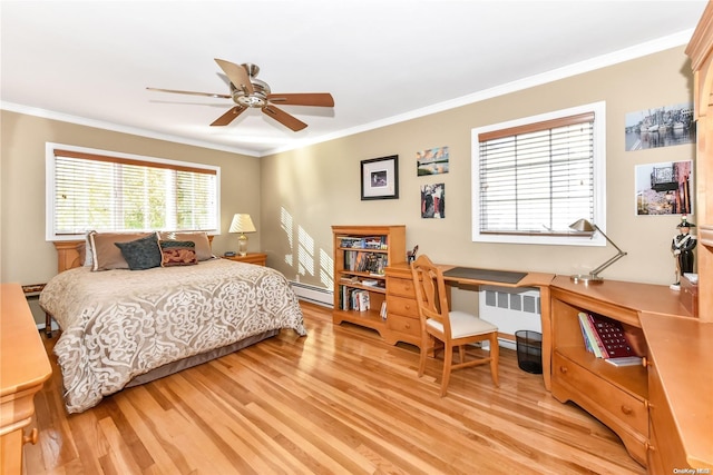 bedroom with ceiling fan, radiator heating unit, a baseboard radiator, and light hardwood / wood-style flooring