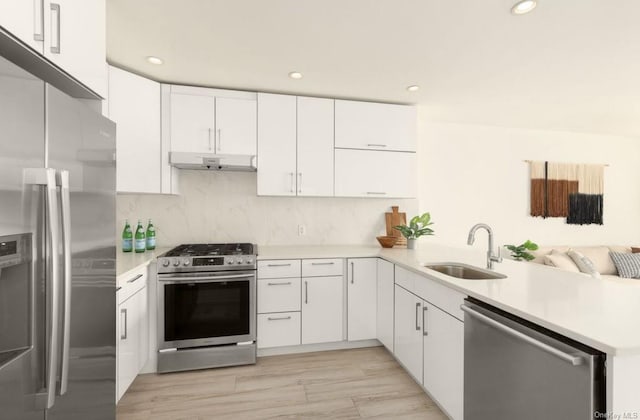 kitchen with kitchen peninsula, white cabinetry, sink, and stainless steel appliances