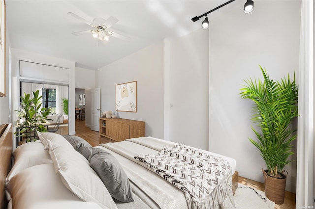 bedroom featuring hardwood / wood-style floors, ceiling fan, and rail lighting