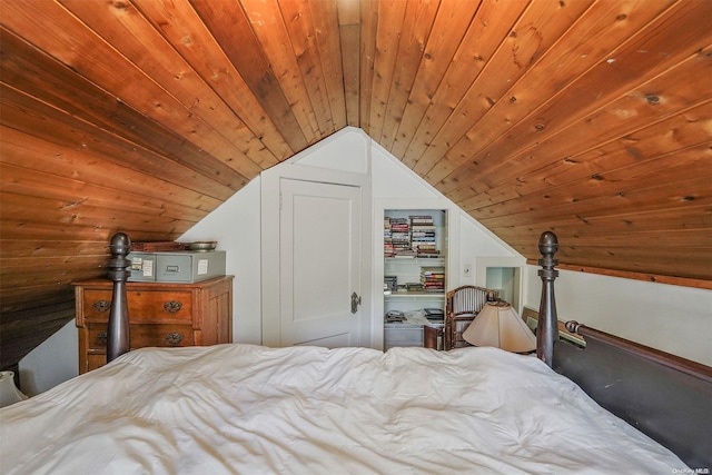 bedroom featuring wooden ceiling and lofted ceiling