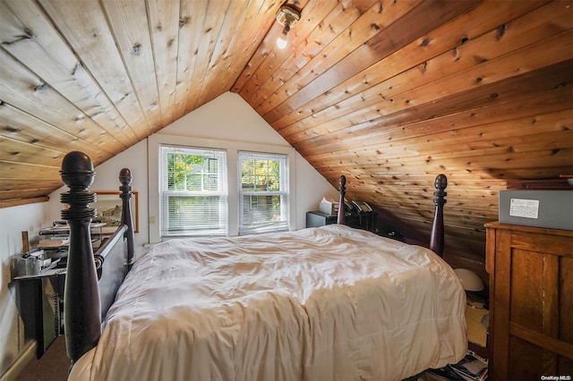 carpeted bedroom featuring lofted ceiling and wood ceiling