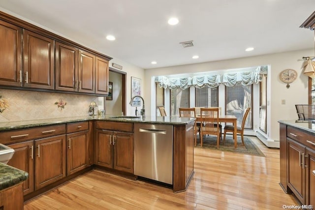 kitchen featuring kitchen peninsula, dark stone counters, sink, light hardwood / wood-style flooring, and dishwasher