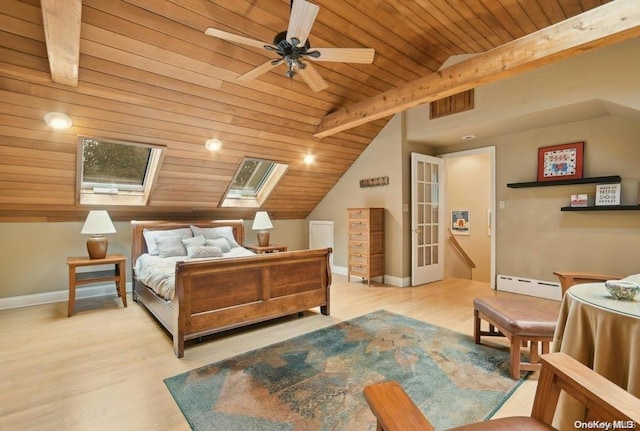 bedroom featuring ceiling fan, baseboard heating, and wood ceiling