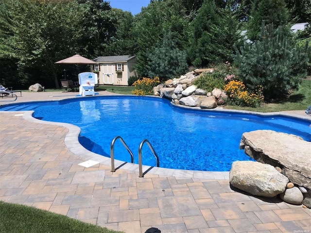 view of swimming pool featuring a patio area and a storage shed