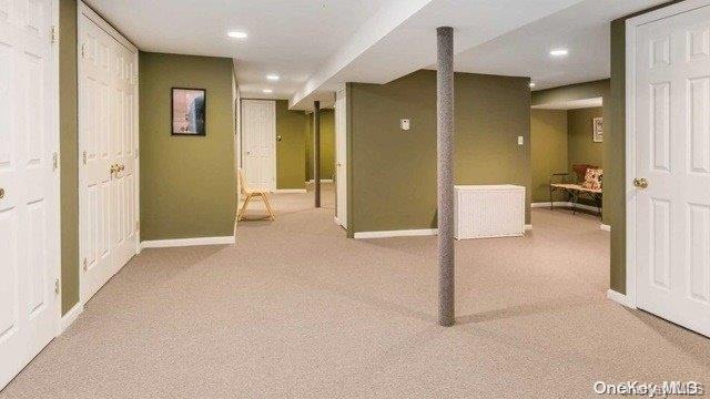 basement with light colored carpet