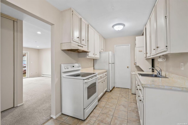 kitchen with white cabinetry, sink, a baseboard radiator, white appliances, and light carpet