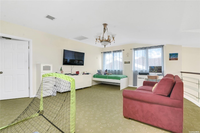 living room featuring carpet and a chandelier