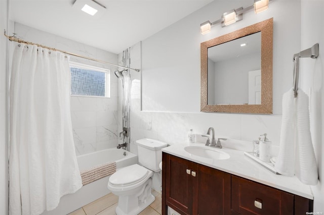 full bathroom with vanity, shower / bath combination with curtain, tile patterned flooring, toilet, and tasteful backsplash