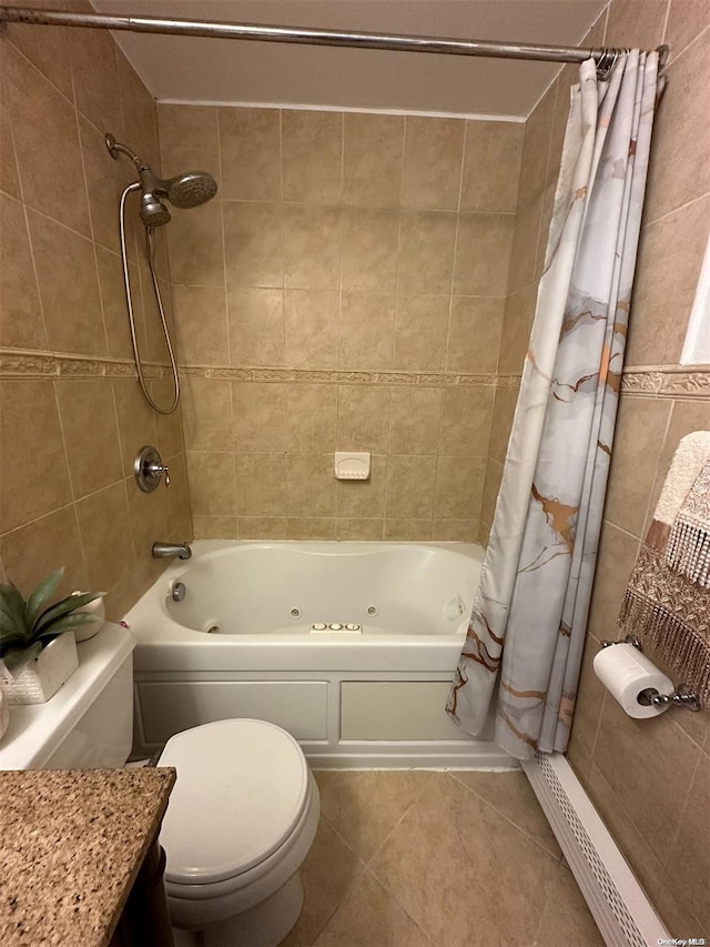 full bathroom with vanity, tile patterned flooring, toilet, shower / bath combo with shower curtain, and tile walls