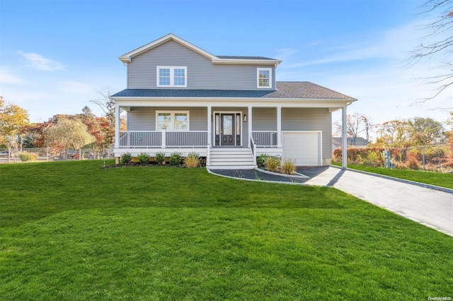 view of front of house featuring covered porch and a front lawn