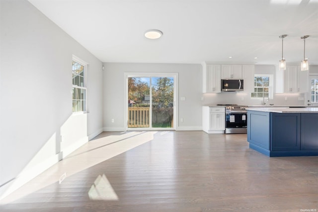 kitchen with hardwood / wood-style floors, white cabinets, pendant lighting, and appliances with stainless steel finishes