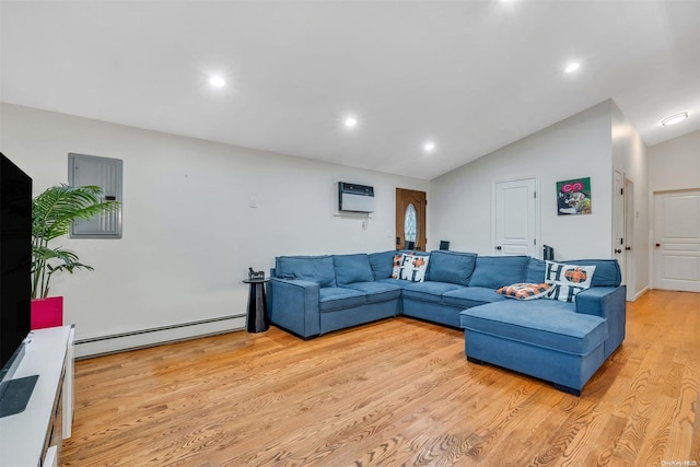 living room with vaulted ceiling, light hardwood / wood-style flooring, a wall mounted AC, and a baseboard radiator