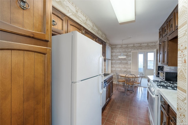 23-20 Bell Blvd Unit 5F, Bayside, NY 11360 - kitchen with white appliances, light countertops, and brick patterned floors