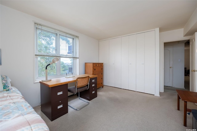 23-20 Bell Blvd Unit 5F, Bayside, NY 11360 - bedroom featuring light carpet, a desk, and a closet