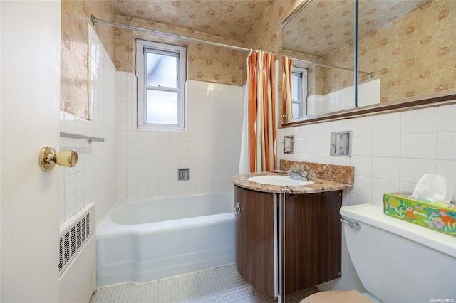 23-20 Bell Blvd Unit 5F, Bayside, NY 11360 - full bathroom with toilet, shower / bath combination with curtain, vanity, tile patterned flooring, and wallpapered walls