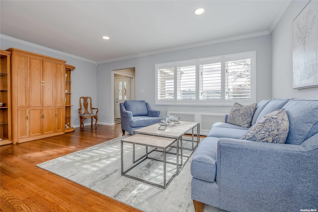 living room with wood-type flooring and crown molding