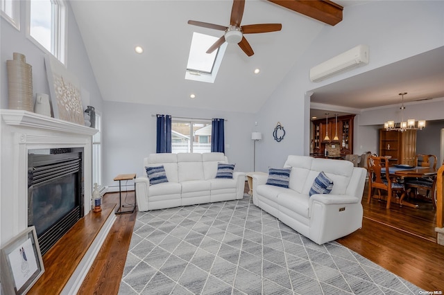 living room featuring a wall mounted air conditioner, beamed ceiling, high vaulted ceiling, light hardwood / wood-style floors, and ceiling fan with notable chandelier