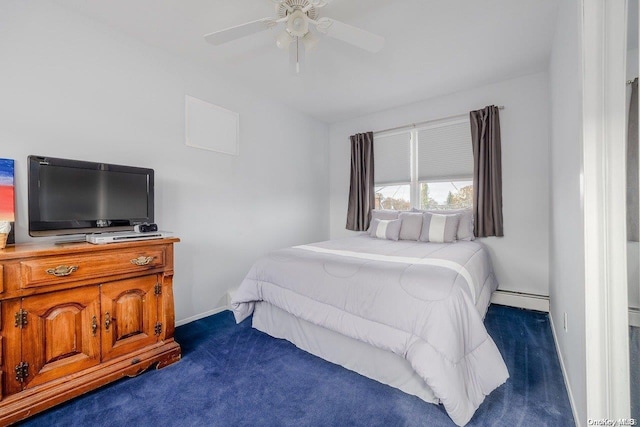 bedroom featuring ceiling fan, dark carpet, and a baseboard heating unit