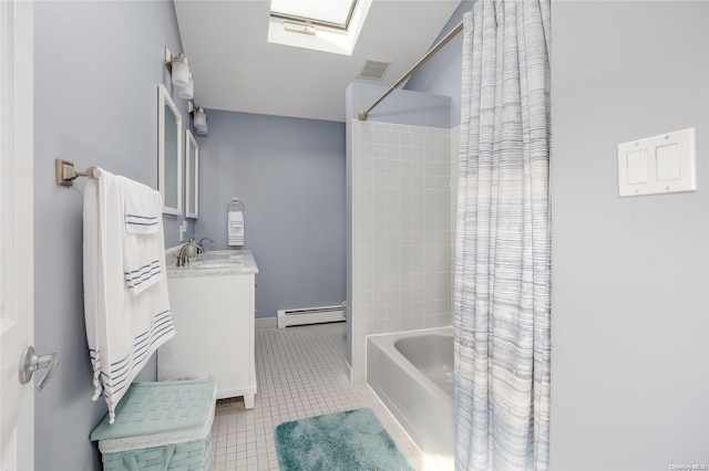 bathroom with vanity, a baseboard radiator, shower / tub combo with curtain, and a skylight