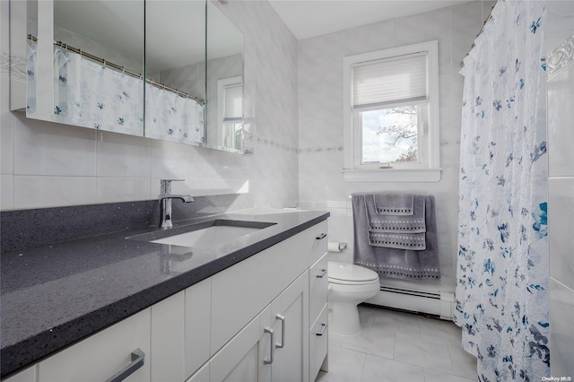 bathroom with tile patterned floors, decorative backsplash, a baseboard radiator, and tile walls