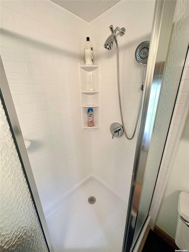 bathroom featuring a shower with door