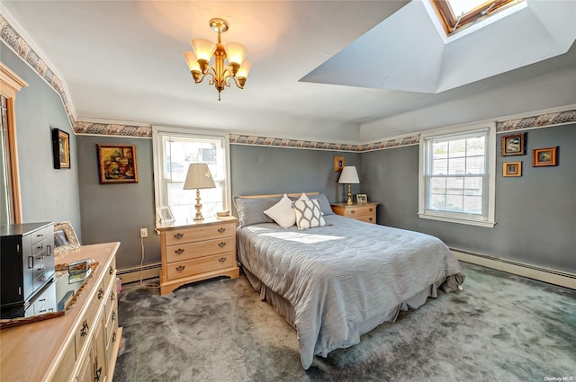 carpeted bedroom with a notable chandelier, a skylight, and a baseboard heating unit