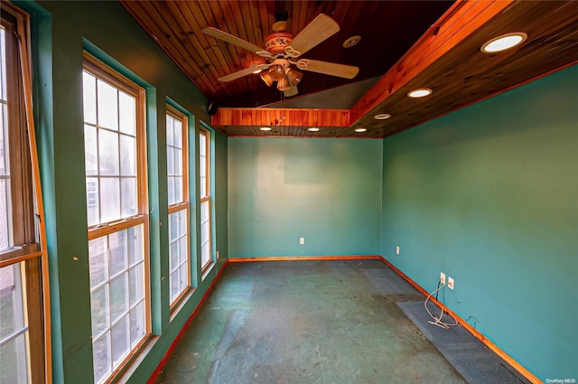 unfurnished room with vaulted ceiling, ceiling fan, and wooden ceiling