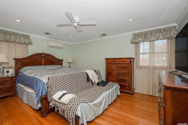 bedroom featuring ceiling fan, light wood-type flooring, and ornamental molding