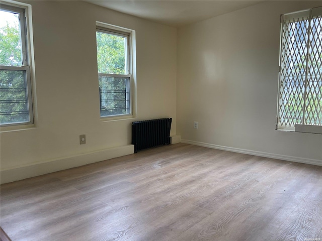 empty room featuring plenty of natural light, light hardwood / wood-style floors, and radiator