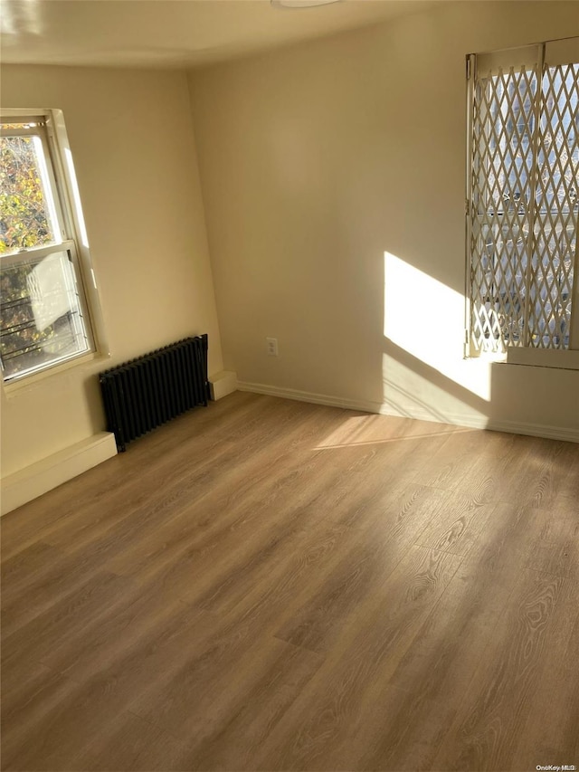 spare room featuring wood-type flooring and radiator