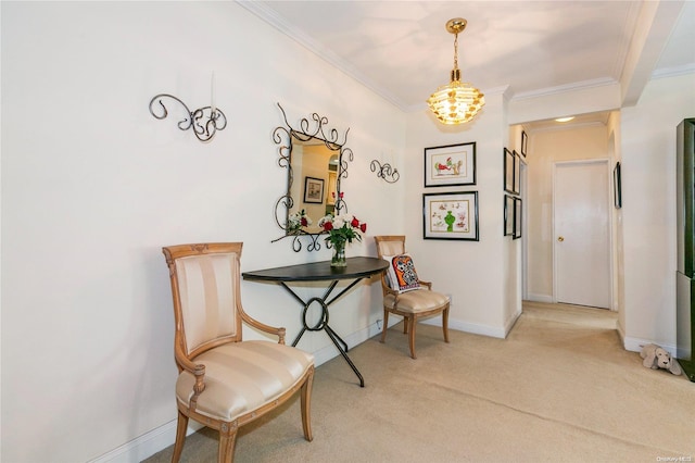 corridor with ornamental molding, light colored carpet, and a chandelier