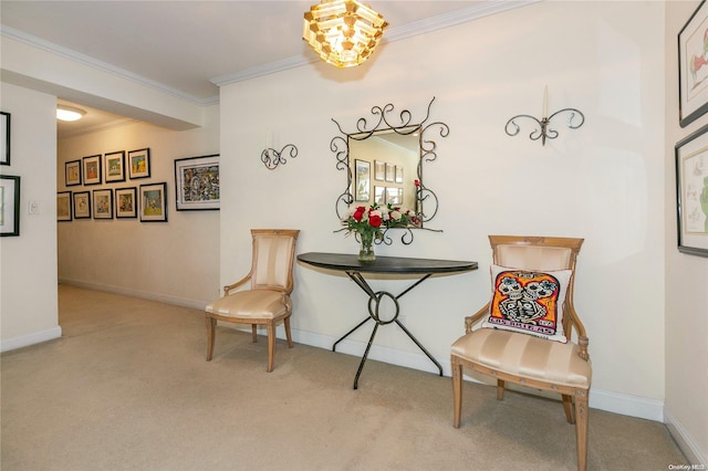 living area with light carpet, ornamental molding, and an inviting chandelier