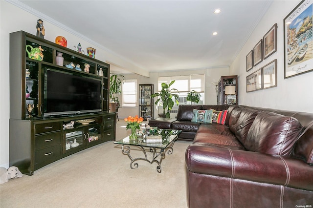 living room with crown molding and light colored carpet