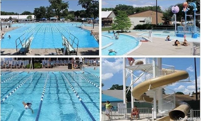 view of pool featuring a water slide and a patio area