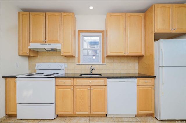 kitchen with white appliances, sink, decorative backsplash, light brown cabinetry, and light tile patterned flooring