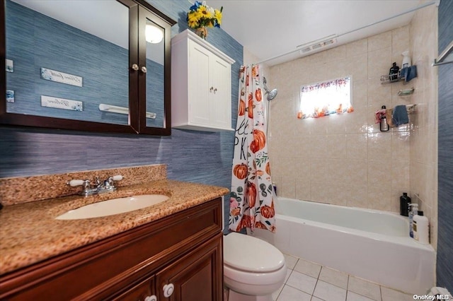 full bathroom with vanity, tile patterned flooring, shower / bathtub combination with curtain, and toilet