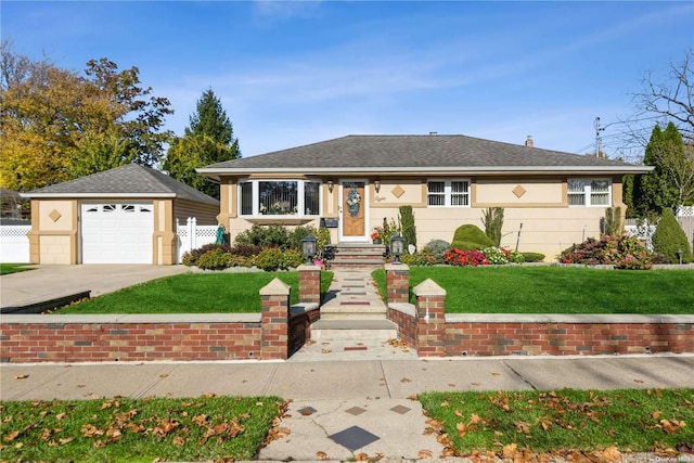 ranch-style home featuring an outbuilding, a front yard, and a garage