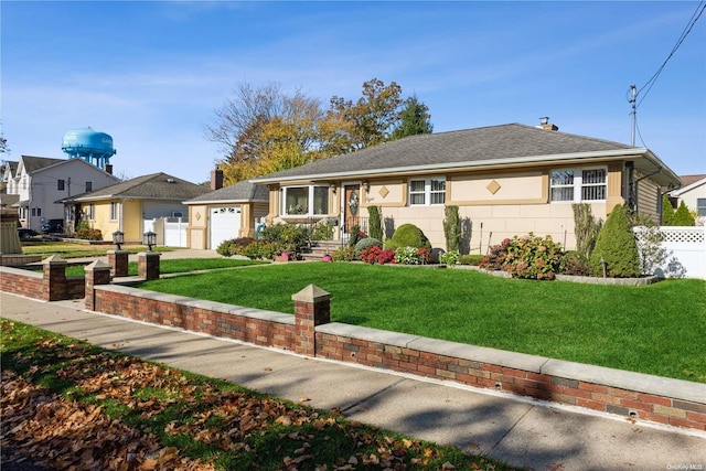 ranch-style home featuring a front yard and a garage