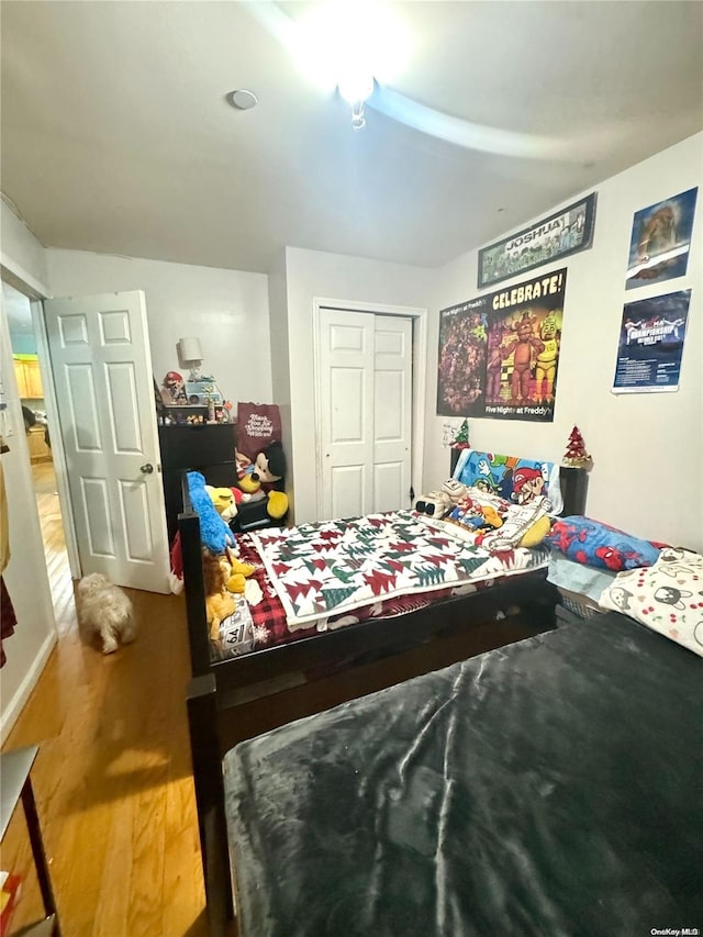 bedroom with wood-type flooring and a closet