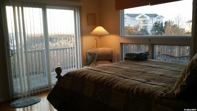 bedroom with access to outside and wood-type flooring