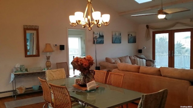 dining room with french doors, ceiling fan with notable chandelier, lofted ceiling with beams, and a wealth of natural light