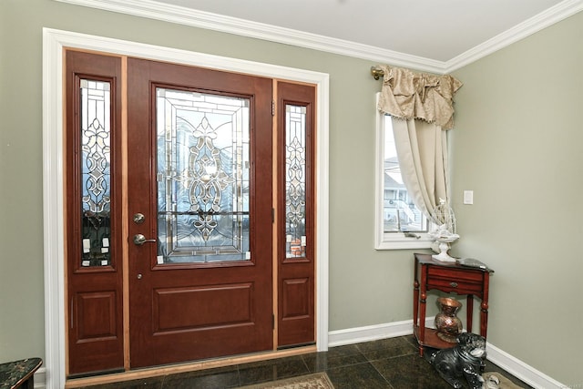 entryway featuring a healthy amount of sunlight and ornamental molding