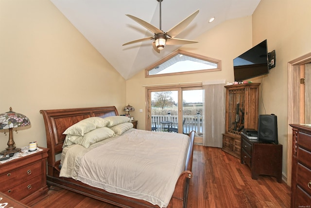 bedroom with access to exterior, dark hardwood / wood-style flooring, high vaulted ceiling, and ceiling fan